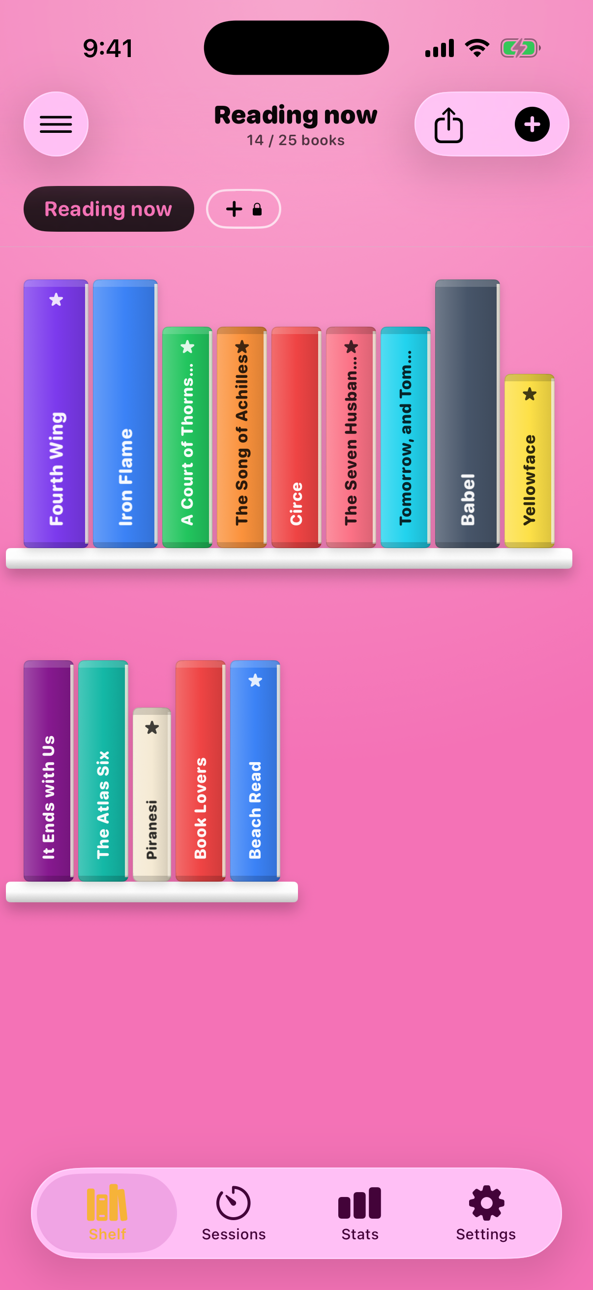 Spine — a populated candy-spine shelf on a Y2K-pink theme